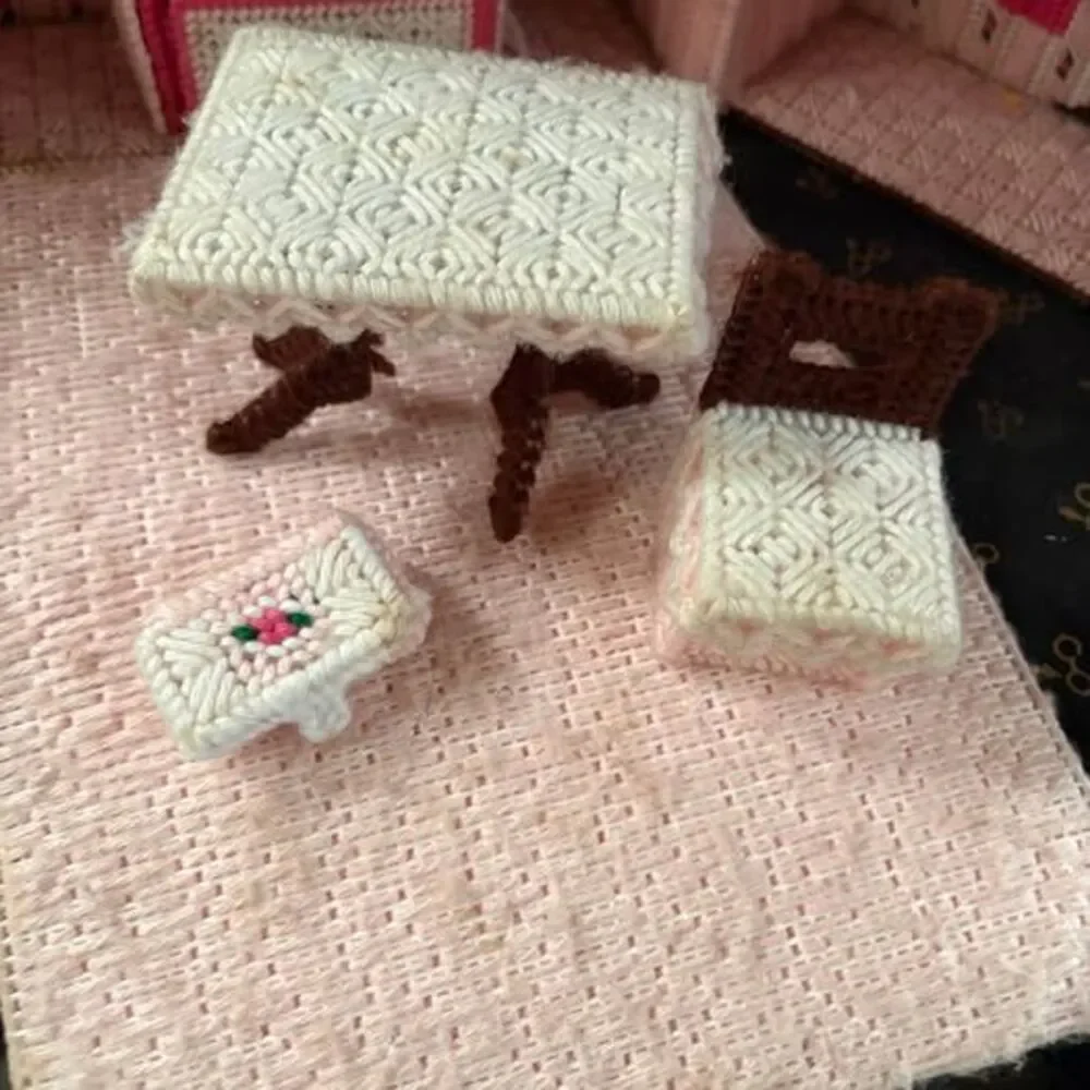 Vintage needlepoint cross stitch yarn art doll case closet cottage, granny core